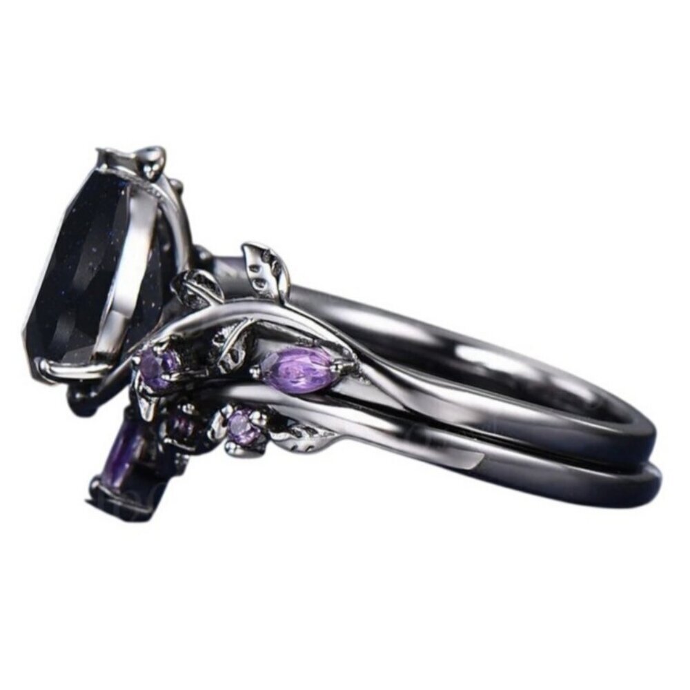 Pear Cut Blue Sandstone & Amethyst 2 piece Bridal Wedding engagement ring set - Picture 3 of 8